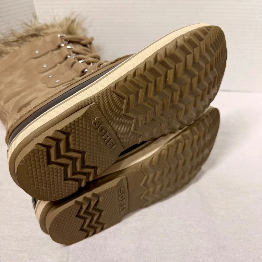 Sorel Joan of Arctic Boots Women 6.5 Waterproof Snow Faux Fur Camel Navy NL3481